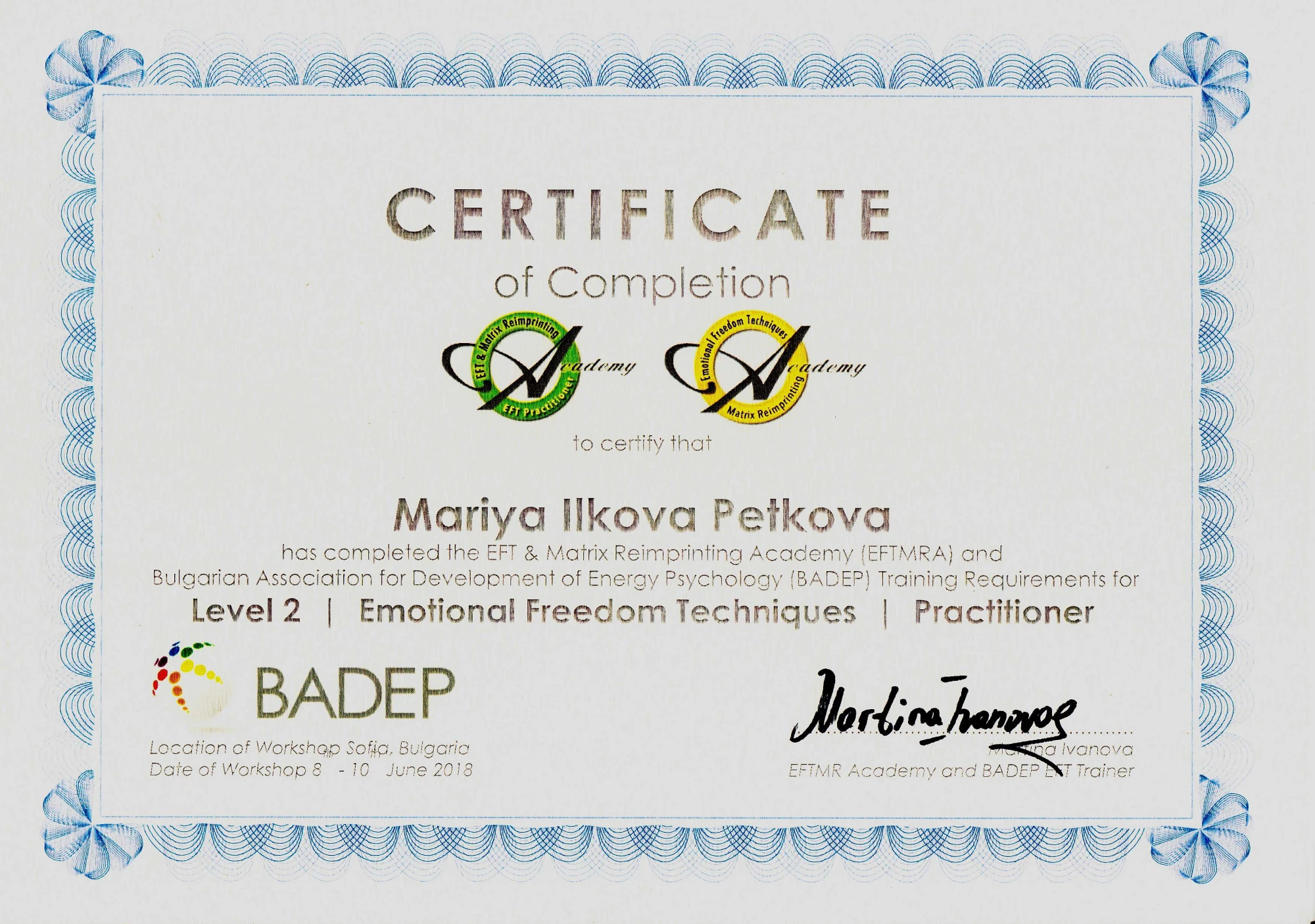 Сертификат на Мария Петкова: Техники за емоционална свобода (ТЕС) - ниво 2